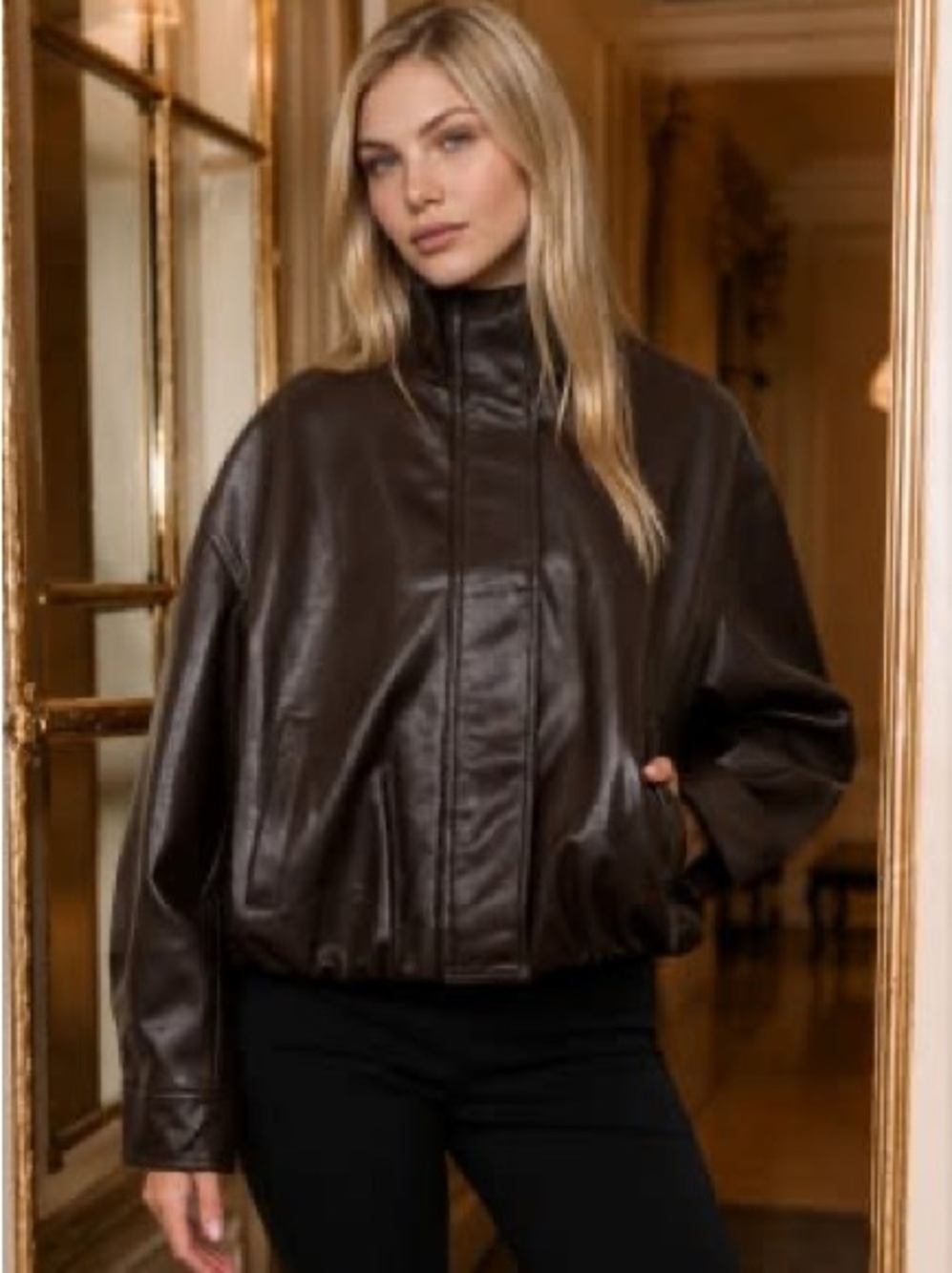 Faux Leather Mock Neck Bomber Jacket